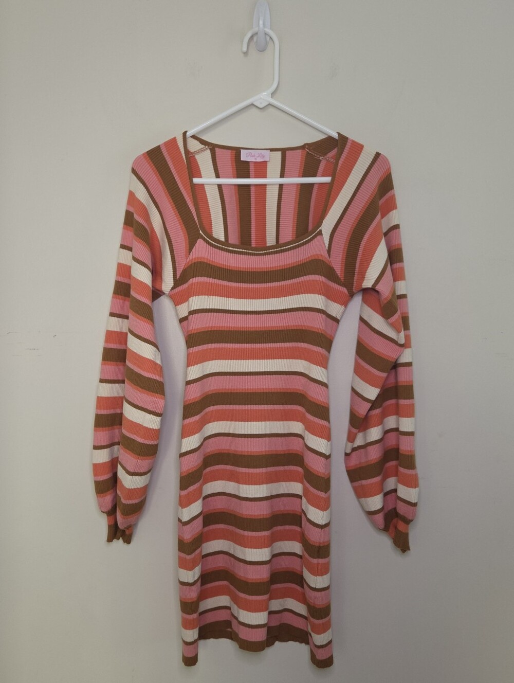 Women's Pink Lily Striped Sweater Dress Balloon Sleeves Bodycon Sz Medium